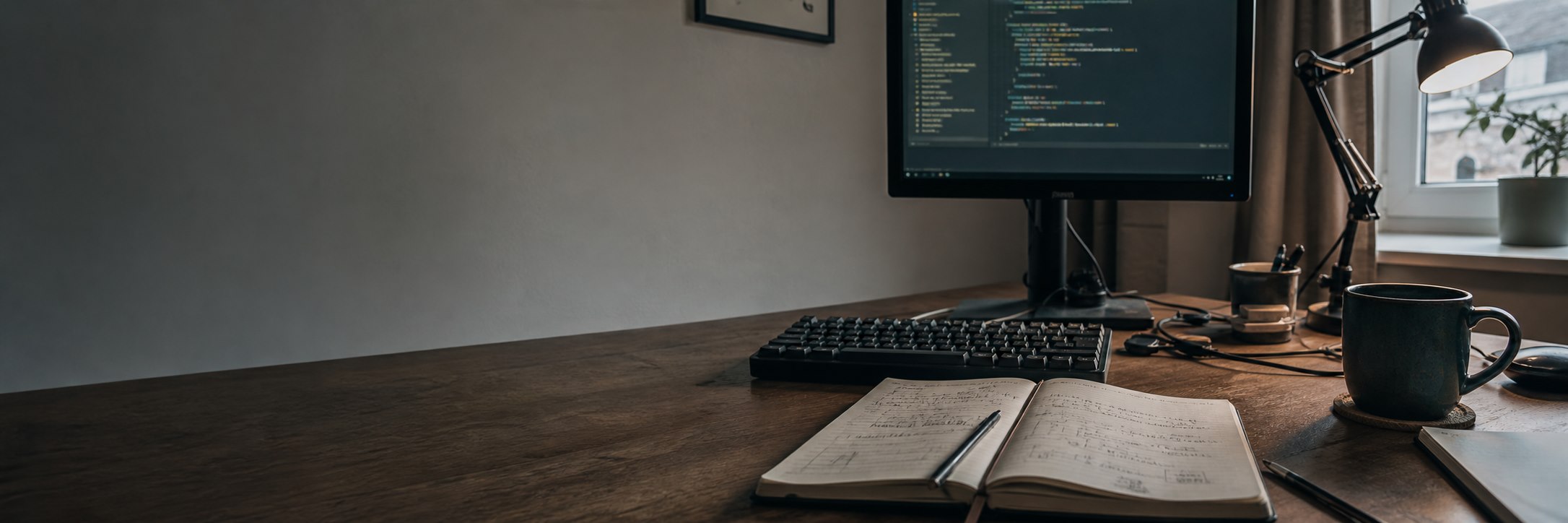 Ein sichtbar genutzter Entwicklerarbeitsplatz mit Tastatur, Notizbuch und Monitor
